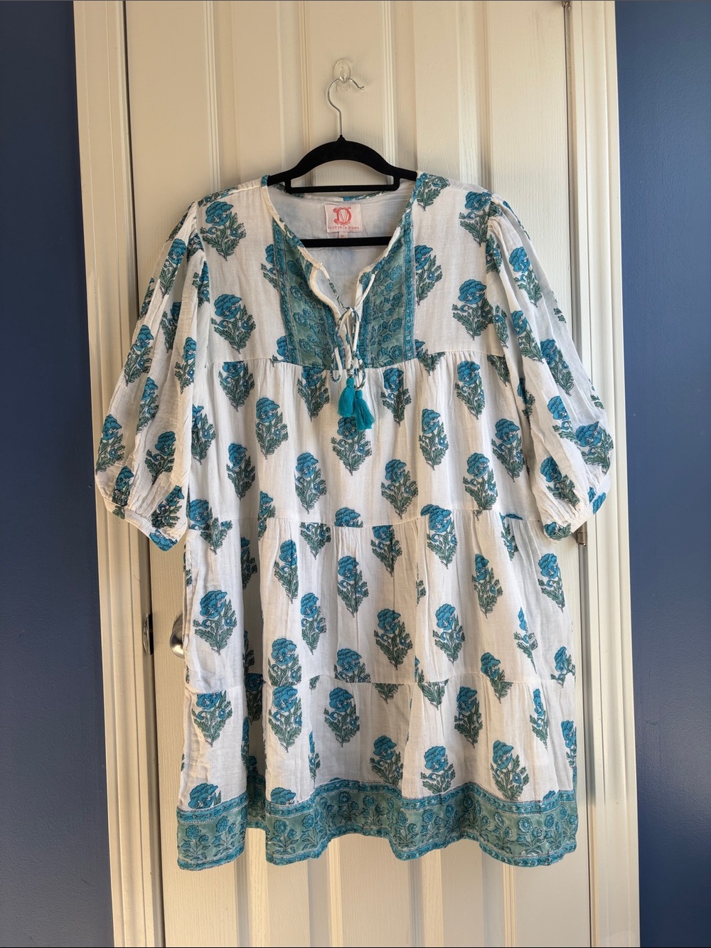 Victoria Dunn Cotton Gauze Floral Block Print Boho Mini Dress Size M